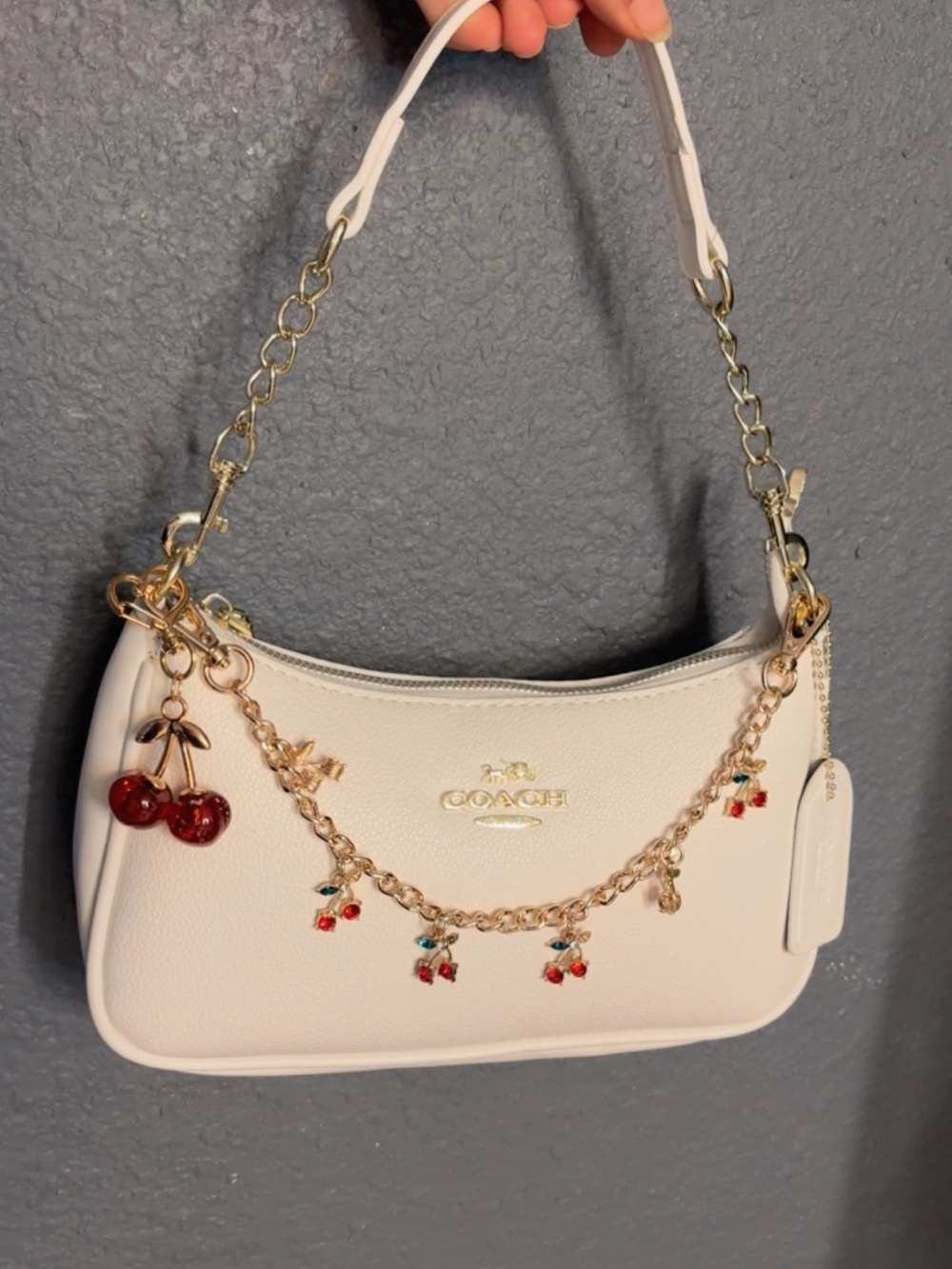 Coach White Pebbled Leather Shoulder Bag with Gold Chain and Cherry Accents